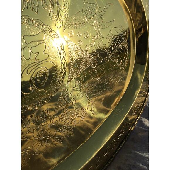 Giant brass serving platter 24"X18" birds tray oriental asian gold partridge MCM - Picture 5 of 16